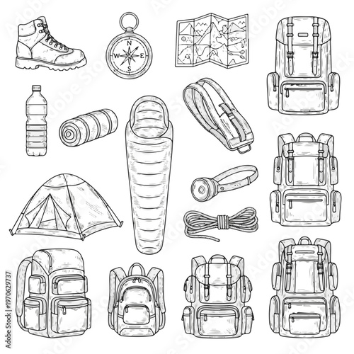 Camp Equipment Collection Hand Drawn Icons with Tents Backpacks Sleeping Bag Compass Maps and Bottle