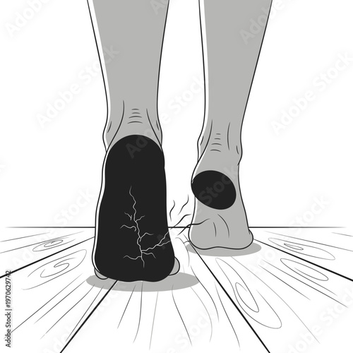 Cracked Heel on Wooden Floor: An artistic illustration of cracked heel with rough texture and the other normal foot with smooth heel, symbolizing discomfort and care needed.