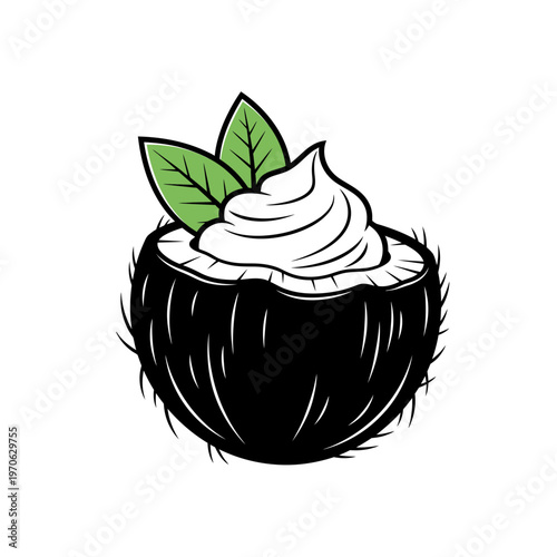 Exotic Coconut Delight: A refreshing half coconut, filled with a swirl of creamy coconut, garnished with vibrant green leaves, showcasing a perfect blend of tropical flavors and visual appeal.