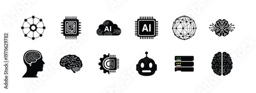 Artificial intelligence and machine learning technology icon set containing brain circuit boards robot heads neural networks cloud computing and data processor units for digital design.
