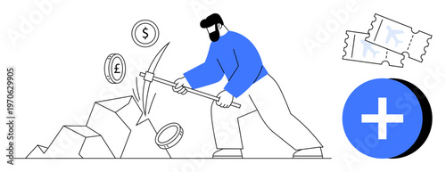 Digital asset mining. Mining tools extracting digital currencies thumbs up Bitcoin and smart contract. Digital asset mining for blockchain, cryptocurrency, virtual finance, tech innovation