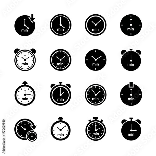 Timeless Precision: An array of classic clocks, elegantly designed in stark black and white, marking the relentless passage of time.