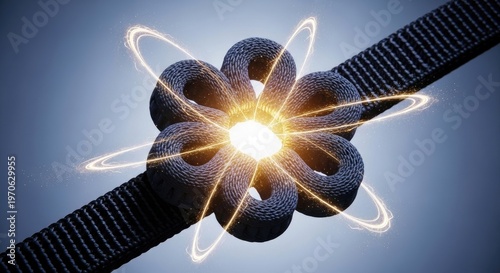 Abstract atomic structure with glowing energy at the core, representing science and innovation.