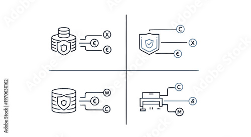Cybersecurity Icons Depicting Data Protection and Network Security Concepts.