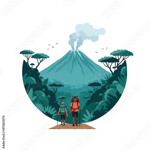 Journey to the Volcanic Peak: Two adventurers stand before a majestic volcanic mountain, surrounded by lush vegetation, as they prepare to conquer nature's challenge. 