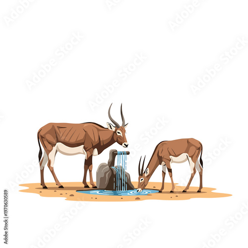 Watering Hole Serenity: Two antelope gracefully drink from a tranquil watering hole in a serene desert scene, depicting the harmony of wildlife and nature.
