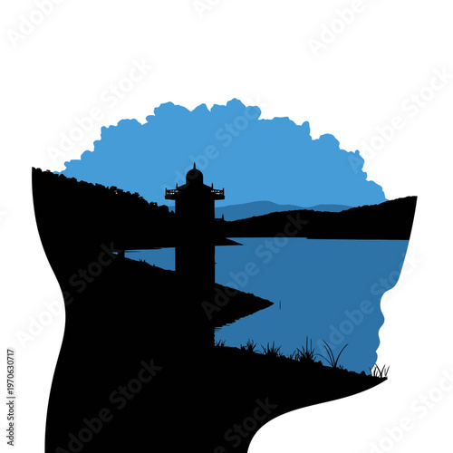 Mind's Eye: A stylized silhouette of a head frames a tranquil scene, a reservoir and observation tower, symbolizing thought and perspective.