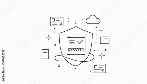 Data Protection Shield with Check Mark and Connected Elements.