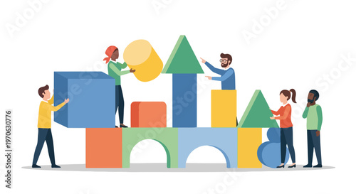 A diverse group of men and women are working together to build a creative structure using large, colorful geometric toy blocks.