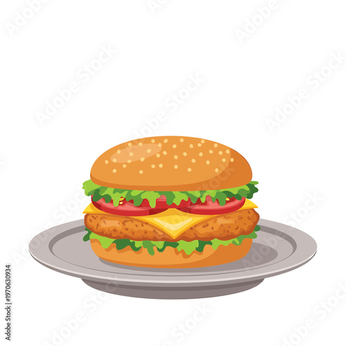 Gourmet Burger Delight: A tantalizing hamburger, stacked high with fresh lettuce, juicy tomato, melted cheese, and a succulent patty, sits elegantly on a stylish plate. 