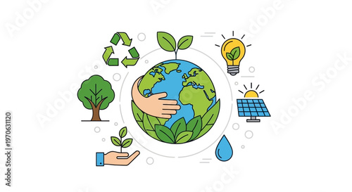 A flat vector illustration showcasing the eco lifestyle concept with recycle icons, globe leaves, and green social templates, conveying ESG visuals within a design promoting Earth Day