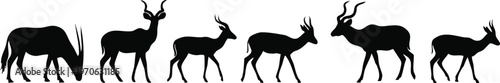 Six Diverse African Antelope Silhouettes in a Horizontal Row.