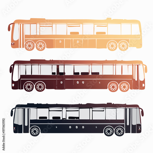 Collection of bus silhouettes in profile, public transportation bus from multiple views, a graphic showcasing three