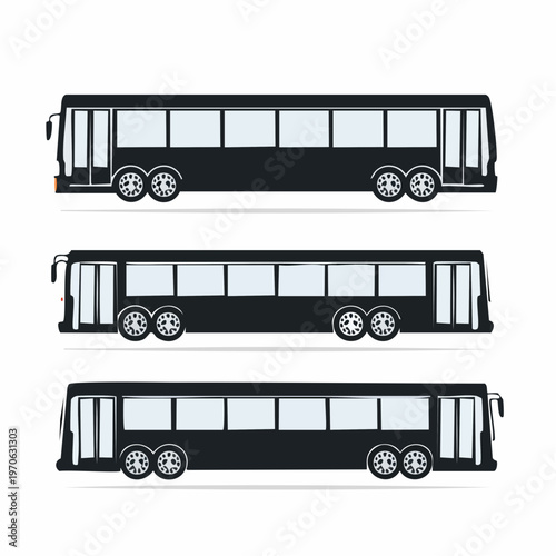 Black city bus with multiple axles, public transportation bus from multiple views, the buses are designed for public
