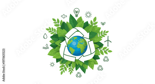 A vibrant vector illustration promotes an Earth Day sustainability campaign featuring a globe encircled by recycle arrows and lush green leaves, complemented by eco icons in a decorative