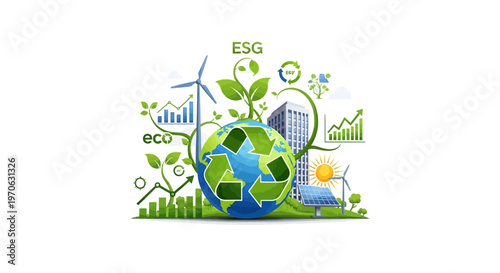 A vibrant vector illustration promotes an eco-friendly lifestyle concept, featuring recycle icons encircling a globe adorned with leaves, alongside windmills and solar panels, all set