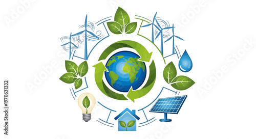 Detailed vector illustration showcases a vibrant globe encircled by recycle arrows, symbolizing sustainability, complemented by green leaves, wind turbines, solar panel, and a water drop