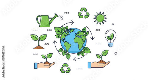 A vector illustration features recycle icons and globe leaves arranged around a green Earth Day theme, emphasizing sustainability with a watering can, plants, and hands holding seedlings