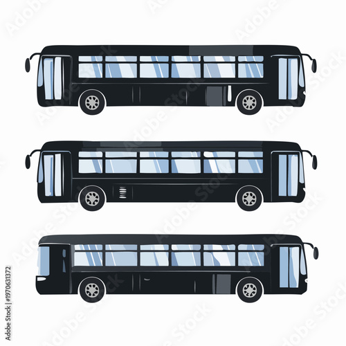 Black public transportation bus from multiple views, public transportation bus from multiple views, the buses feature
