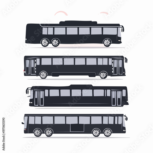Collection of four black buses in profile view, public transportation bus from multiple views, public transport