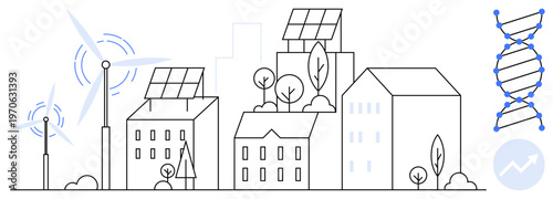 Renewable energy, sustainability, urban planning, technology, biology, environmental protection. Minimalist cityscape with solar panels, wind turbines and DNA helix. Renewable energy