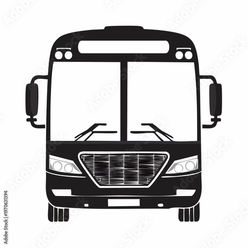 Front view illustration of a black public transportation bus, from multiple views, city