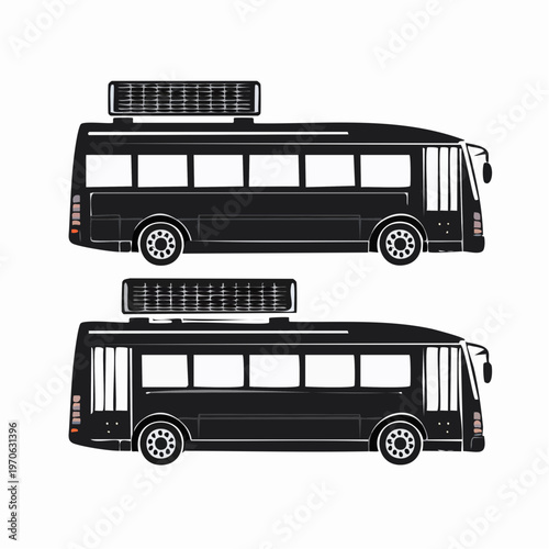 Two black buses with roof racks in profile public transportation bus from multiple views public transport roof rack