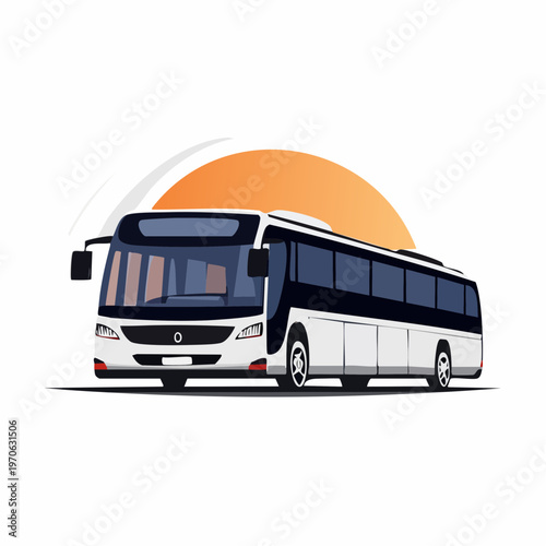 Modern white coach bus with orange sunset graphic, public transportation bus from multiple views, image represents