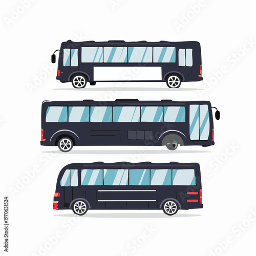 Group of public transportation buses in side view from multiple views with public transport