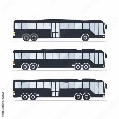 Collection of public transportation buses in side view from multiple views with public transport
