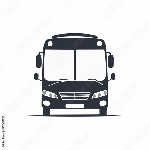 Front view of a dark gray bus with headlights and grille detail from multiple views with public transport bus stop