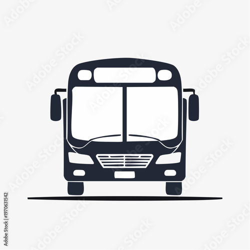 Dark blue bus silhouette, front view on a light gray background from multiple views, graphic is a stylized