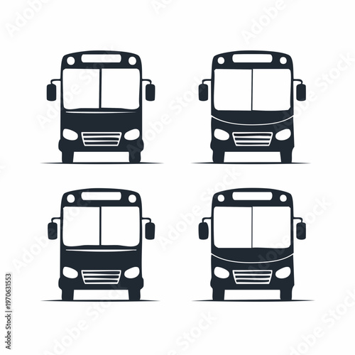 Collection of four stylized front view public transportation bus icons, vector illustrationpublic transportation bus fro
