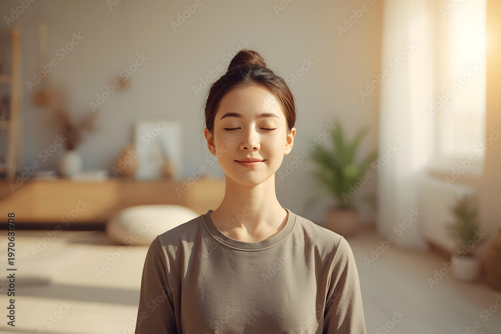 Fototapeta premium Serene young woman standing in a bright, modern living room with warm sunlight