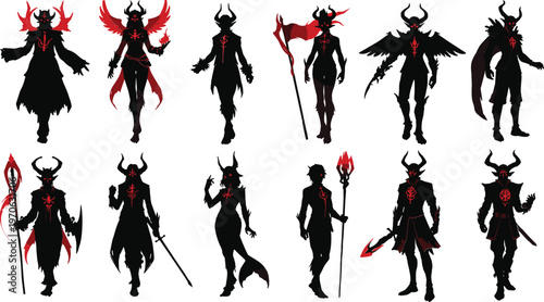 Collection of Black Silhouettes of Horned Characters with Red Accents fantasy