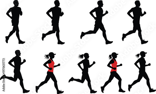 Collection of black silhouettes of men and women running in various poses runner