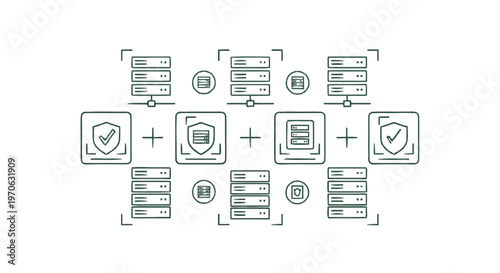 Data security and protection concept with servers and shields.