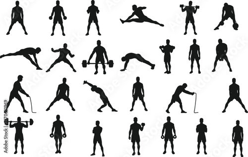 Collection of male fitness silhouettes performing various exercises and sports vector