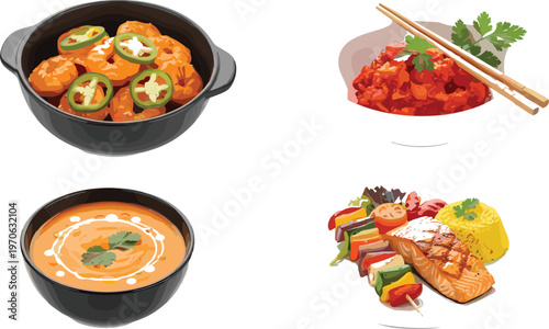 Spicy Asian and Mexican Food Dishes Illustration Set with Jalapeno Chicken, Tomato Salsa, Cream Soup and Grilled Salmon Vector Collection