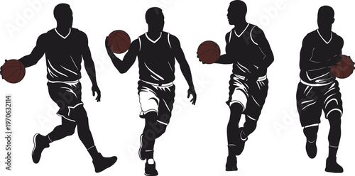 Four Silhouette Basketball Players In Motion With Brown Basketballs sport athlete