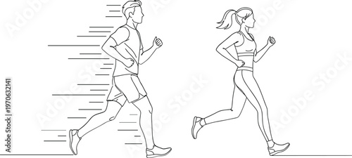 Line art illustration of a man and woman running side by side with motion lines couple