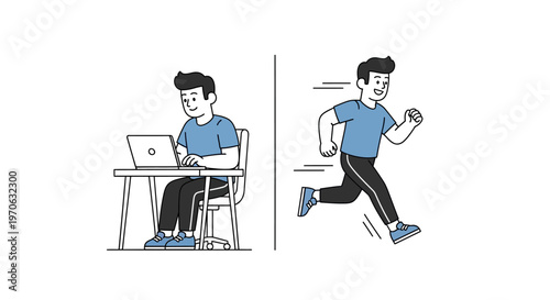 Man working on laptop and running.