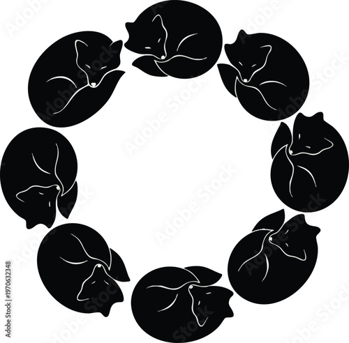 Circle of Eight Black Silhouetted Foxes Sleeping on White Background.