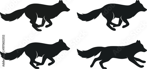 Four Running Wolf Silhouettes on a Plain White Background.