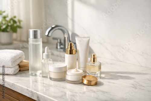 Cosmetic product display on marble bathroom sink