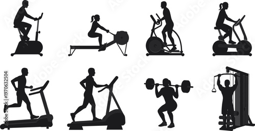 Silhouettes of people exercising on gym equipment fitness exercise
