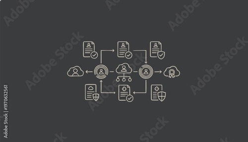 Conceptual illustration of data transfer, cloud computing, and information security.