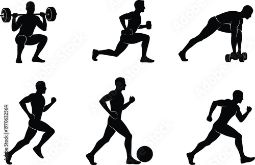 Six black silhouette figures performing various exercises and sports activities fitness