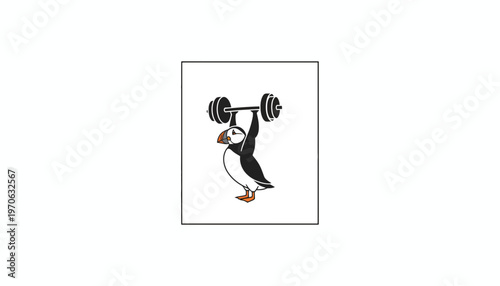 Strong puffin lifting weights, fitness and strength concept, cartoon style