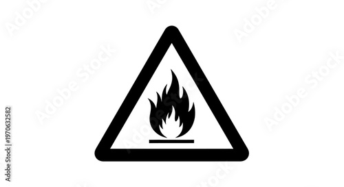 Black and white triangular warning sign indicating flammable material or fire hazard with a flame icon, isolated white background.